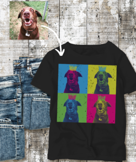 Introducing the personalized pet owner shirt of your dreams! This retro Andy Warhol colorblock shirt is inspired by the iconic style of Biggie Smalls and is sure to turn heads. Whether you're a dog person, a cat person, or a fan of both, this custom pet clothing is the perfect way to showcase your love for your furry friend.